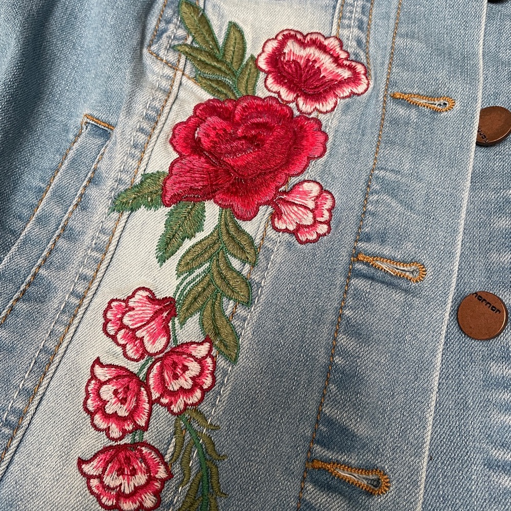 Floral Embroidered Faded Weathered Denim Jean Jacket - Picture 2 of 4